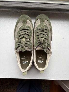 Zara Olive Green & Beige Suede-Trim Sneakers